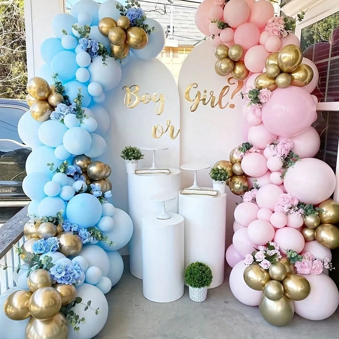 111pcs Balloon Garland Kit- Pink, Blue And Gold Metallic Latex Balloons- Suitable For Boy/Girl Birthday, Wedding, Party Or Gender Reveal Decoration
