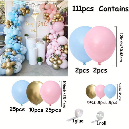 111pcs Balloon Garland Kit- Pink, Blue And Gold Metallic Latex Balloons- Suitable For Boy/Girl Birthday, Wedding, Party Or Gender Reveal Decoration