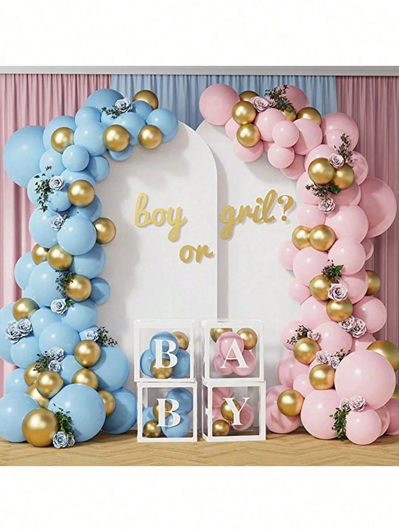 111pcs Balloon Garland Kit- Pink, Blue And Gold Metallic Latex Balloons- Suitable For Boy/Girl Birthday, Wedding, Party Or Gender Reveal Decoration