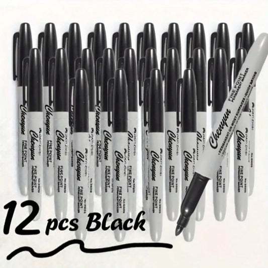 12 Fine Tipped Permanent Waterproof Black Markers, Perfect For School Supplies, Offices, And Gift Packaging| Fashionable Design, Measurement Analysis, Marking And Recording, Suitable For Painting And