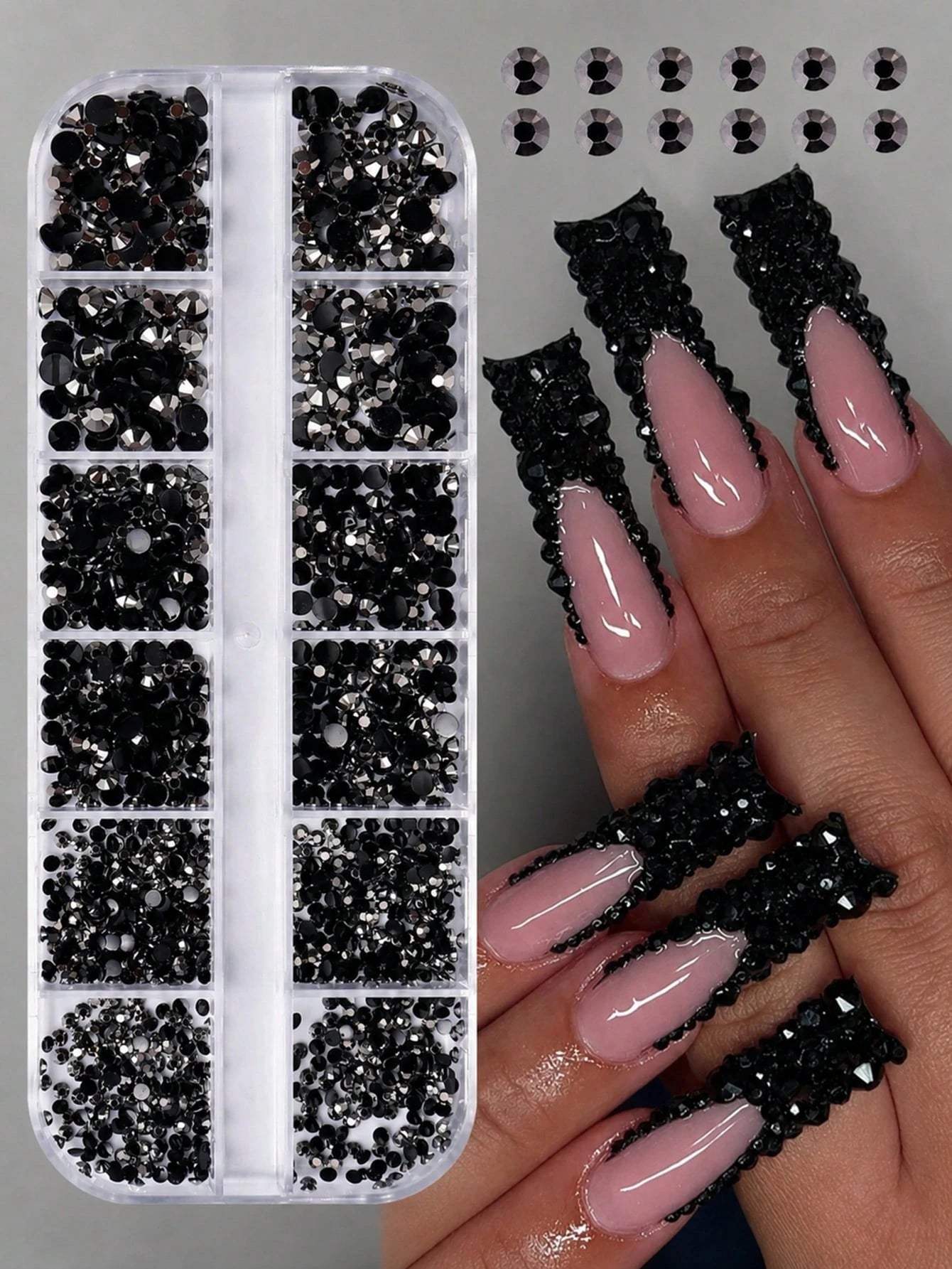 12-Grid Black Nail Rhinestones, Flat Bottom Deep Black Glass Crystal Nail Gems, 3D Nail Decoration Strass, Suitable For Acrylic Nails, Round Multi-Size 2/3/4mm Nail Stones, DIY Nail Decoration, Nail R