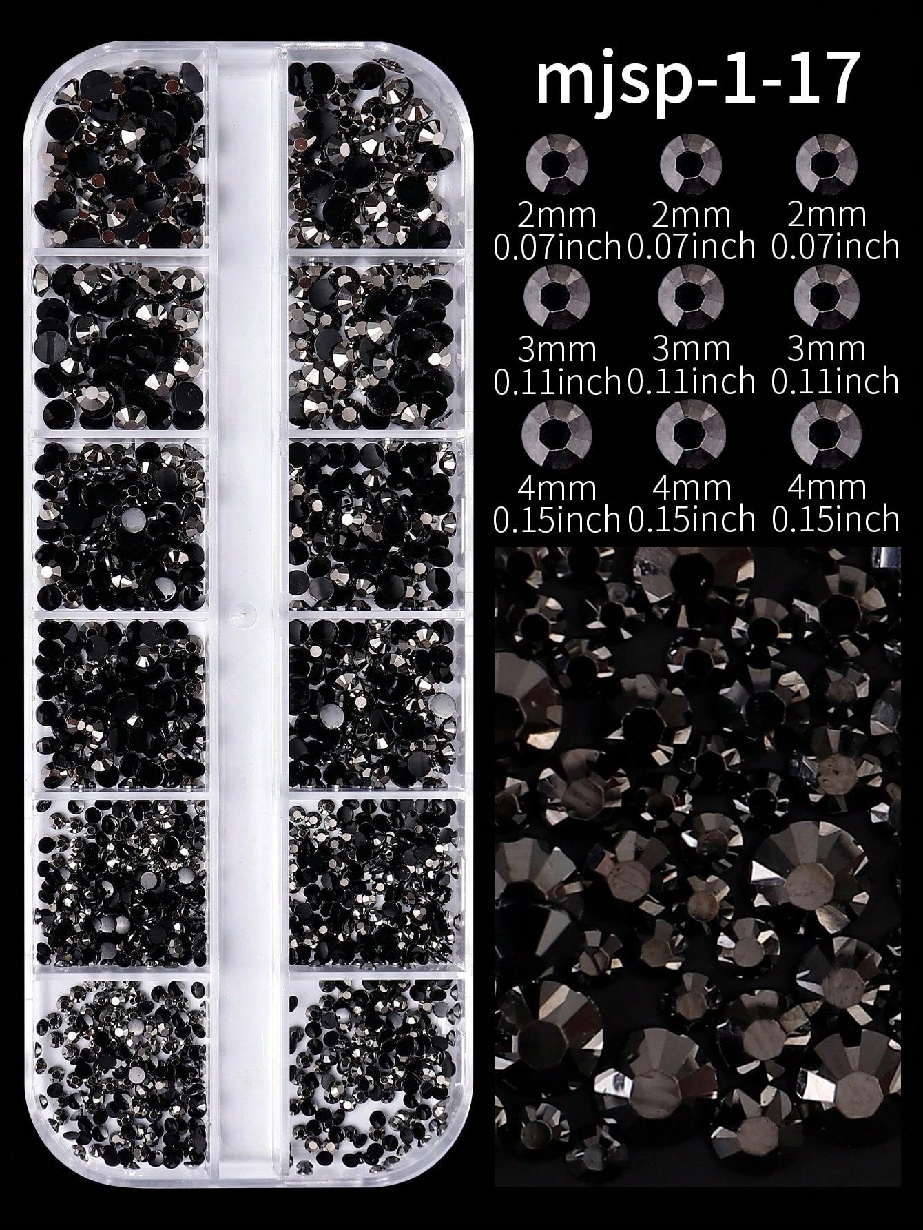 12-Grid Black Nail Rhinestones, Flat Bottom Deep Black Glass Crystal Nail Gems, 3D Nail Decoration Strass, Suitable For Acrylic Nails, Round Multi-Size 2/3/4mm Nail Stones, DIY Nail Decoration, Nail R