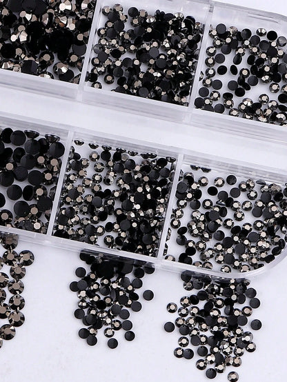12-Grid Black Nail Rhinestones, Flat Bottom Deep Black Glass Crystal Nail Gems, 3D Nail Decoration Strass, Suitable For Acrylic Nails, Round Multi-Size 2/3/4mm Nail Stones, DIY Nail Decoration, Nail R