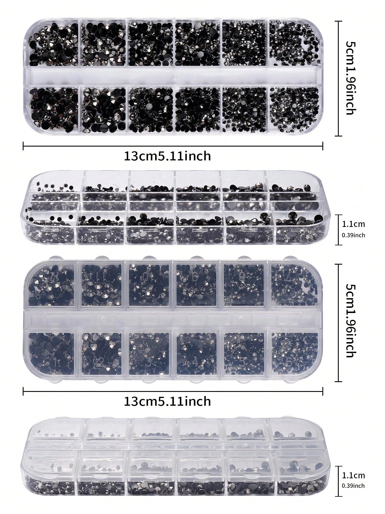 12-Grid Black Nail Rhinestones, Flat Bottom Deep Black Glass Crystal Nail Gems, 3D Nail Decoration Strass, Suitable For Acrylic Nails, Round Multi-Size 2/3/4mm Nail Stones, DIY Nail Decoration, Nail R