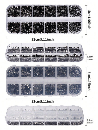 12-Grid Black Nail Rhinestones, Flat Bottom Deep Black Glass Crystal Nail Gems, 3D Nail Decoration Strass, Suitable For Acrylic Nails, Round Multi-Size 2/3/4mm Nail Stones, DIY Nail Decoration, Nail R
