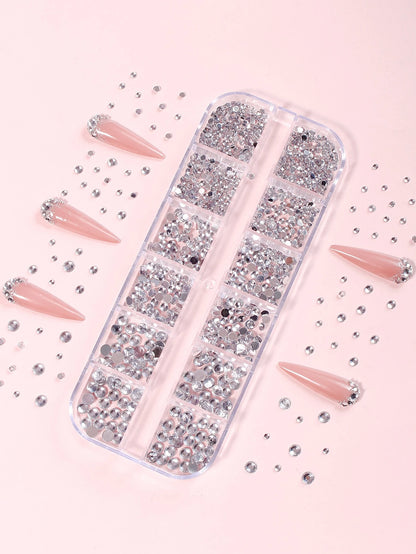 12-Grid Black Nail Rhinestones, Flat Bottom Deep Black Glass Crystal Nail Gems, 3D Nail Decoration Strass, Suitable For Acrylic Nails, Round Multi-Size 2/3/4mm Nail Stones, DIY Nail Decoration, Nail R