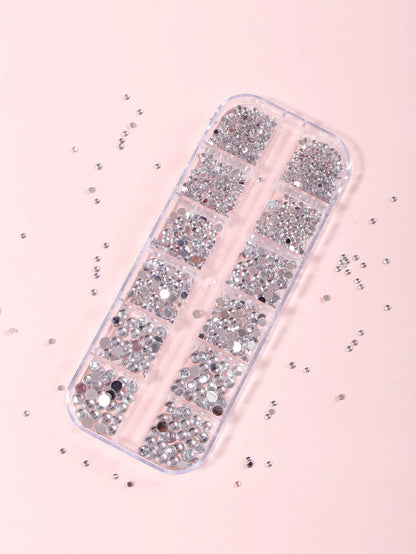 12-Grid Black Nail Rhinestones, Flat Bottom Deep Black Glass Crystal Nail Gems, 3D Nail Decoration Strass, Suitable For Acrylic Nails, Round Multi-Size 2/3/4mm Nail Stones, DIY Nail Decoration, Nail R