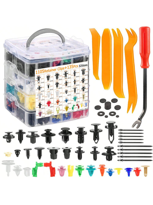 1240Pcs Car Push Retainer Clips & Auto Fasteners Kit,Universal Fit For Most Cars, 32 Most Popular Sizes Nylon Bumper Rivets With 10 Cable Ties And Fasteners Remover