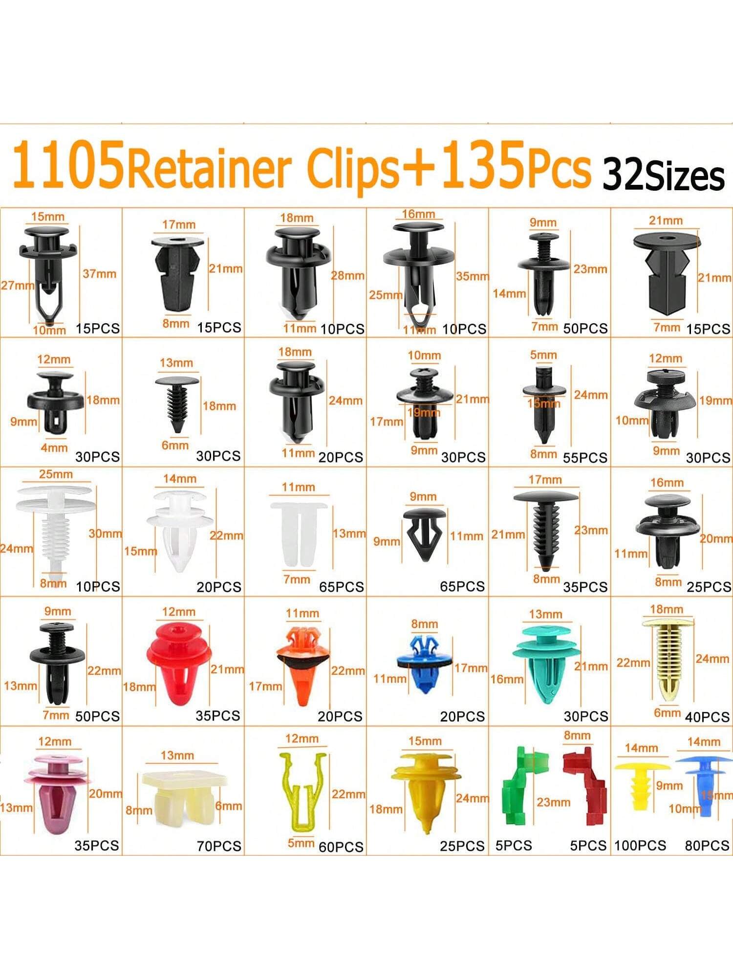 1240Pcs Car Push Retainer Clips & Auto Fasteners Kit,Universal Fit For Most Cars, 32 Most Popular Sizes Nylon Bumper Rivets With 10 Cable Ties And Fasteners Remover