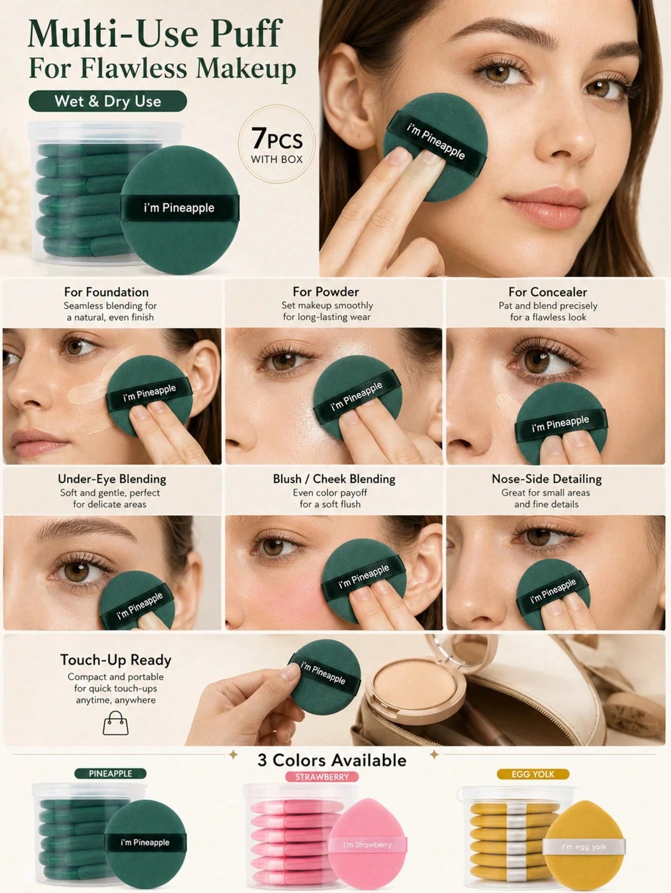 12pcs/7pcs/3pcs Multi-Functional Facial Makeup Cushion Powder Puff, Makeup Sponge, Dry And Wet Dual-Sided Use, Powder Puff, Fine Edging Resistant To Fraying, Makeup Sponge Quick And Even Application
