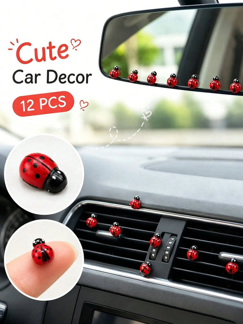 12pcs Car Interior Adhesive Ladybug Decorations, Cute And Fun
