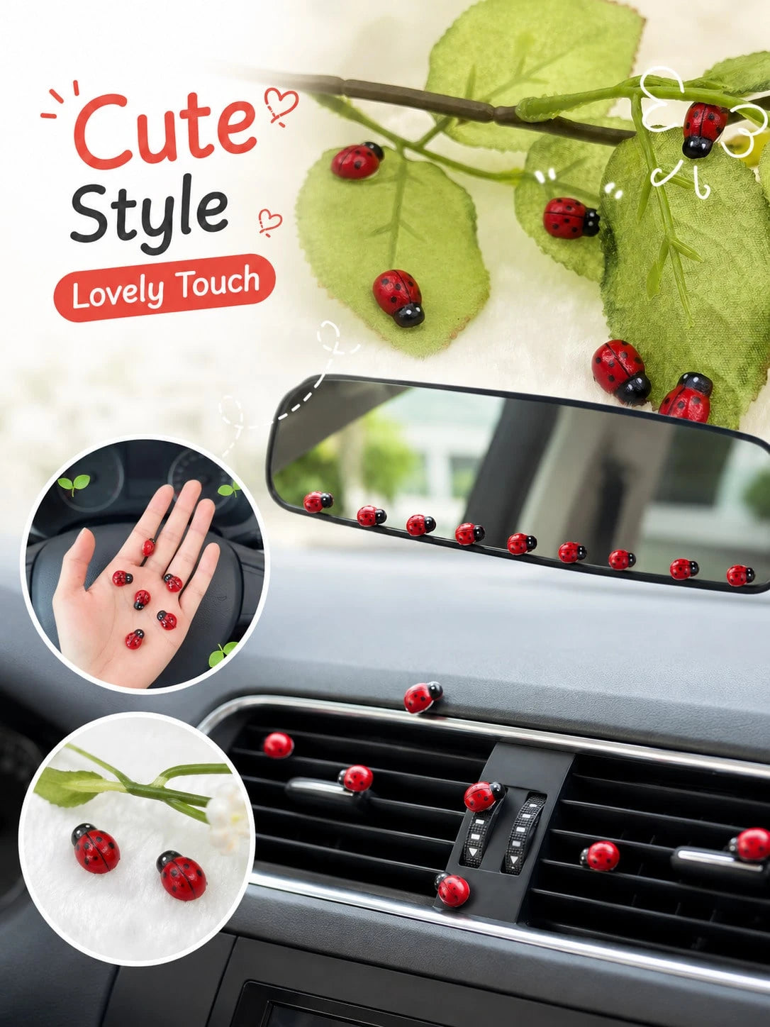 12pcs Car Interior Adhesive Ladybug Decorations, Cute And Fun