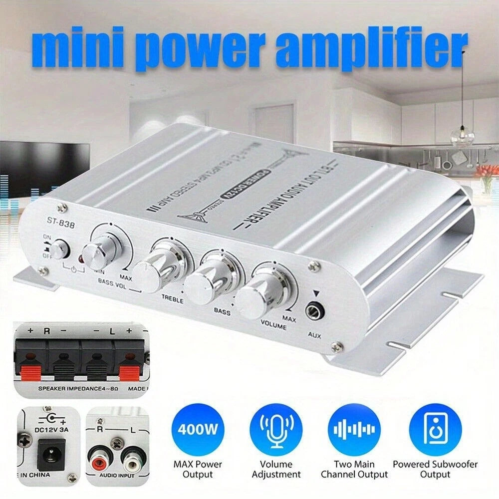 12V 400W 2.1-Channel Car Stereo Amplifier-High-Power Speaker Power Amplifier With Subwoofer Output, Can Adjust Bass Control Through RCA/AUX Input To Improve Sound Quality, Suitable For Car Stereo Upgr