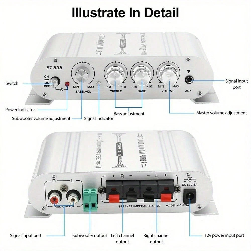 12V 400W 2.1-Channel Car Stereo Amplifier-High-Power Speaker Power Amplifier With Subwoofer Output, Can Adjust Bass Control Through RCA/AUX Input To Improve Sound Quality, Suitable For Car Stereo Upgr