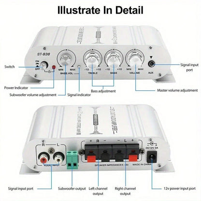 12V 400W 2.1-Channel Car Stereo Amplifier-High-Power Speaker Power Amplifier With Subwoofer Output, Can Adjust Bass Control Through RCA/AUX Input To Improve Sound Quality, Suitable For Car Stereo Upgr