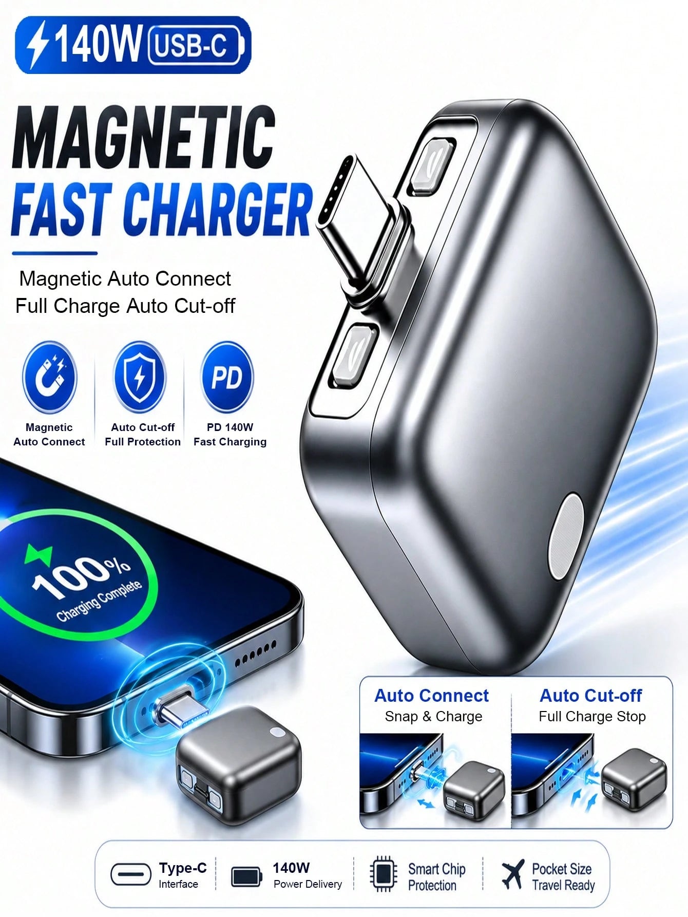 140W Type-C Fast Charging Adapter With Auto-Off Function, Magnetic Pop-Up Charging Port, 100% Fully Charged Auto-Cutoff, Suitable For Overnight Charging