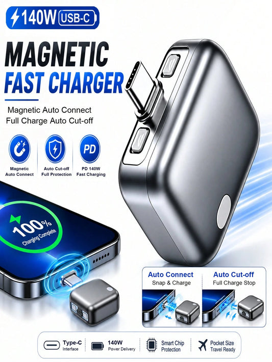 140W Type-C Fast Charging Adapter With Auto-Off Function, Magnetic Pop-Up Charging Port, 100% Fully Charged Auto-Cutoff, Suitable For Overnight Charging
