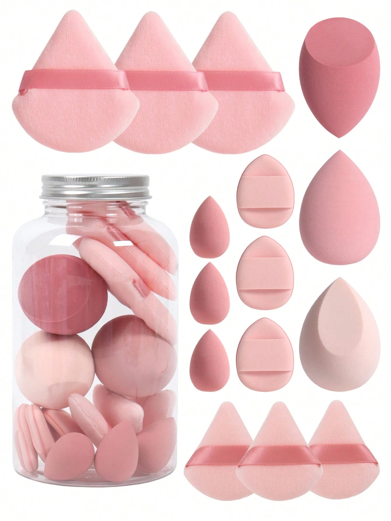 15pcs Makeup Sponge Set With Storage Jar, Including 3pcs Makeup Sponge & 3pcs Mini Makeup Sponge & 3pcs Powder Puff & 3pcs Mini Powder Puff & 3pcs Mini Finger Air Cushion Puff. Made Of Super Soft Velv