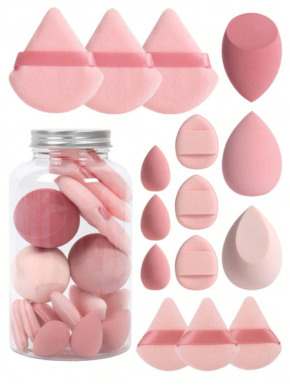 15pcs Makeup Sponge Set With Storage Jar, Including 3pcs Makeup Sponge & 3pcs Mini Makeup Sponge & 3pcs Powder Puff & 3pcs Mini Powder Puff & 3pcs Mini Finger Air Cushion Puff. Made Of Super Soft Velv