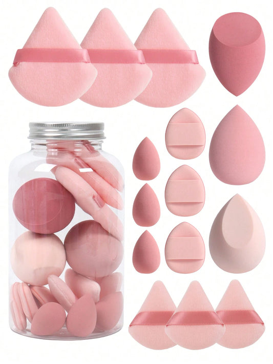 15pcs Makeup Sponge Set With Storage Jar, Including 3pcs Makeup Sponge & 3pcs Mini Makeup Sponge & 3pcs Powder Puff & 3pcs Mini Powder Puff & 3pcs Mini Finger Air Cushion Puff. Made Of Super Soft Velv