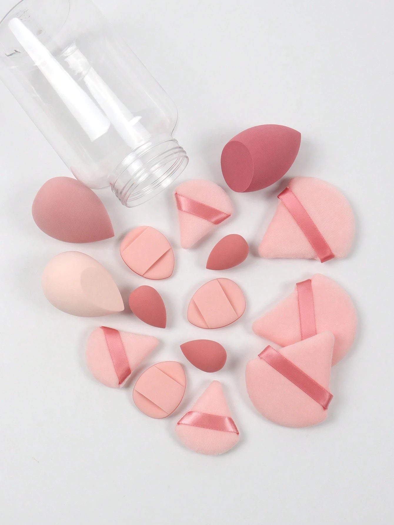 15pcs Makeup Sponge Set With Storage Jar, Including 3pcs Makeup Sponge & 3pcs Mini Makeup Sponge & 3pcs Powder Puff & 3pcs Mini Powder Puff & 3pcs Mini Finger Air Cushion Puff. Made Of Super Soft Velv