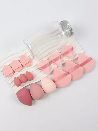 15pcs Makeup Sponge Set With Storage Jar, Including 3pcs Makeup Sponge & 3pcs Mini Makeup Sponge & 3pcs Powder Puff & 3pcs Mini Powder Puff & 3pcs Mini Finger Air Cushion Puff. Made Of Super Soft Velv