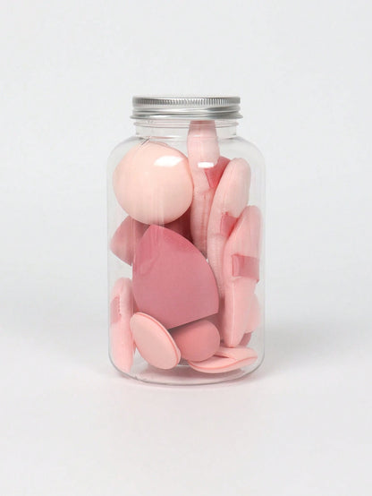 15pcs Makeup Sponge Set With Storage Jar, Including 3pcs Makeup Sponge & 3pcs Mini Makeup Sponge & 3pcs Powder Puff & 3pcs Mini Powder Puff & 3pcs Mini Finger Air Cushion Puff. Made Of Super Soft Velv