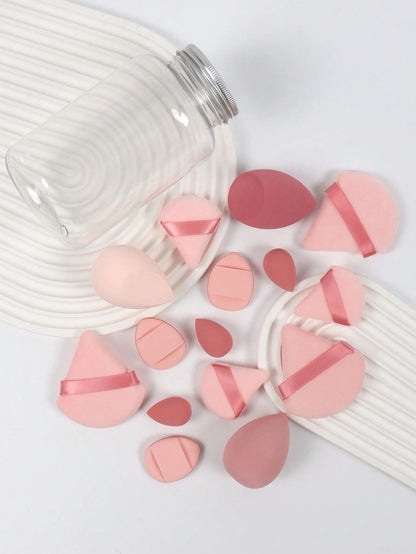15pcs Makeup Sponge Set With Storage Jar, Including 3pcs Makeup Sponge & 3pcs Mini Makeup Sponge & 3pcs Powder Puff & 3pcs Mini Powder Puff & 3pcs Mini Finger Air Cushion Puff. Made Of Super Soft Velv