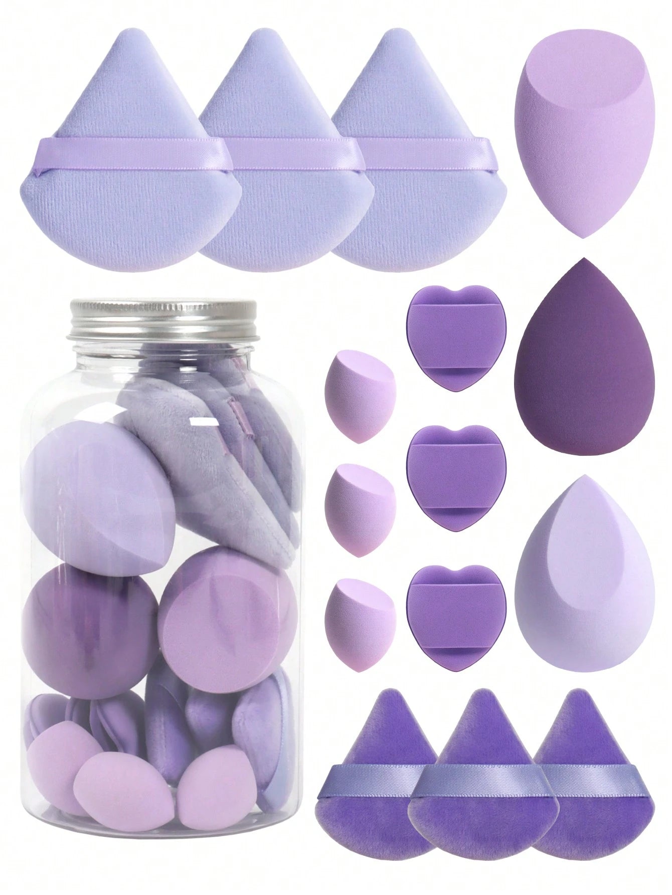 15pcs Makeup Sponge Set With Storage Jar, Including 3pcs Makeup Sponge & 3pcs Mini Makeup Sponge & 3pcs Powder Puff & 3pcs Mini Powder Puff & 3pcs Mini Finger Air Cushion Puff. Made Of Super Soft Velv