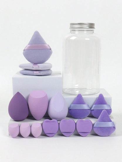 15pcs Makeup Sponge Set With Storage Jar, Including 3pcs Makeup Sponge & 3pcs Mini Makeup Sponge & 3pcs Powder Puff & 3pcs Mini Powder Puff & 3pcs Mini Finger Air Cushion Puff. Made Of Super Soft Velv