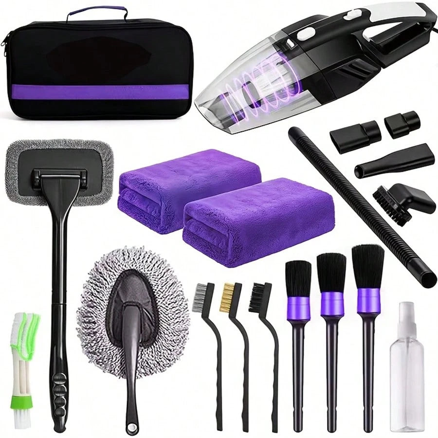 19-Piece Purple Car Maintenance Tool Set, High-Power Handheld Dust Remover, Cleaning And Car Wash Kit, Interior Car Cleaning Combo.