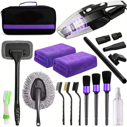 19-Piece Purple Car Maintenance Tool Set, High-Power Handheld Dust Remover, Cleaning And Car Wash Kit, Interior Car Cleaning Combo.
