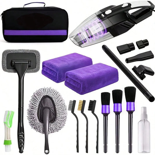 19-Piece Purple Car Maintenance Tool Set, High-Power Handheld Dust Remover, Cleaning And Car Wash Kit, Interior Car Cleaning Combo.