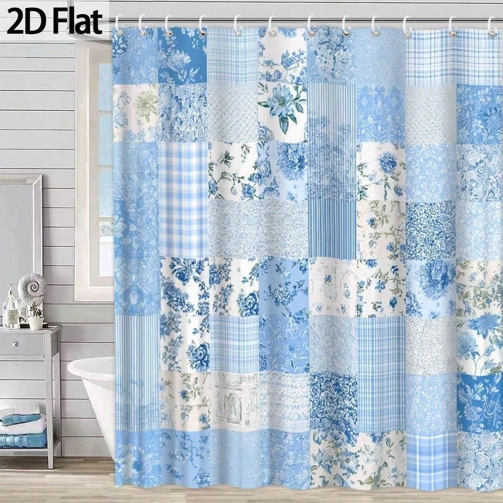 1pc 2D Flat Blue Floral Patchwork Shower Curtain, Decorative Bathroom Accessory, Fabric For Home Decor,-Themed Embe
