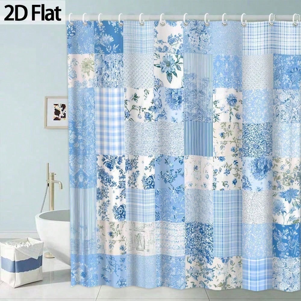 1pc 2D Flat Blue Floral Patchwork Shower Curtain, Decorative Bathroom Accessory, Fabric For Home Decor,-Themed Embe