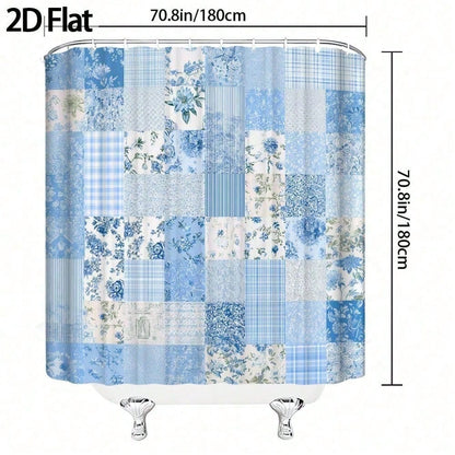 1pc 2D Flat Blue Floral Patchwork Shower Curtain, Decorative Bathroom Accessory, Fabric For Home Decor,-Themed Embe