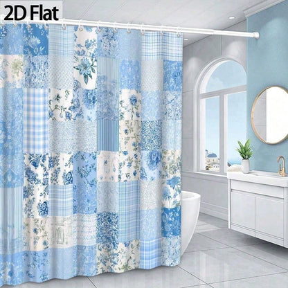 1pc 2D Flat Blue Floral Patchwork Shower Curtain, Decorative Bathroom Accessory, Fabric For Home Decor,-Themed Embe