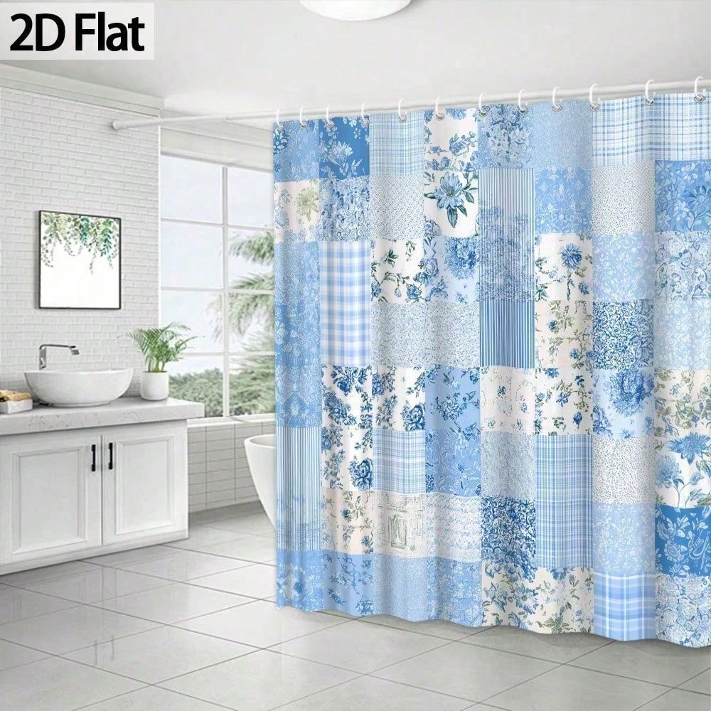 1pc 2D Flat Blue Floral Patchwork Shower Curtain, Decorative Bathroom Accessory, Fabric For Home Decor,-Themed Embe