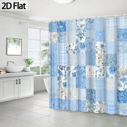 1pc 2D Flat Blue Floral Patchwork Shower Curtain, Decorative Bathroom Accessory, Fabric For Home Decor,-Themed Embe