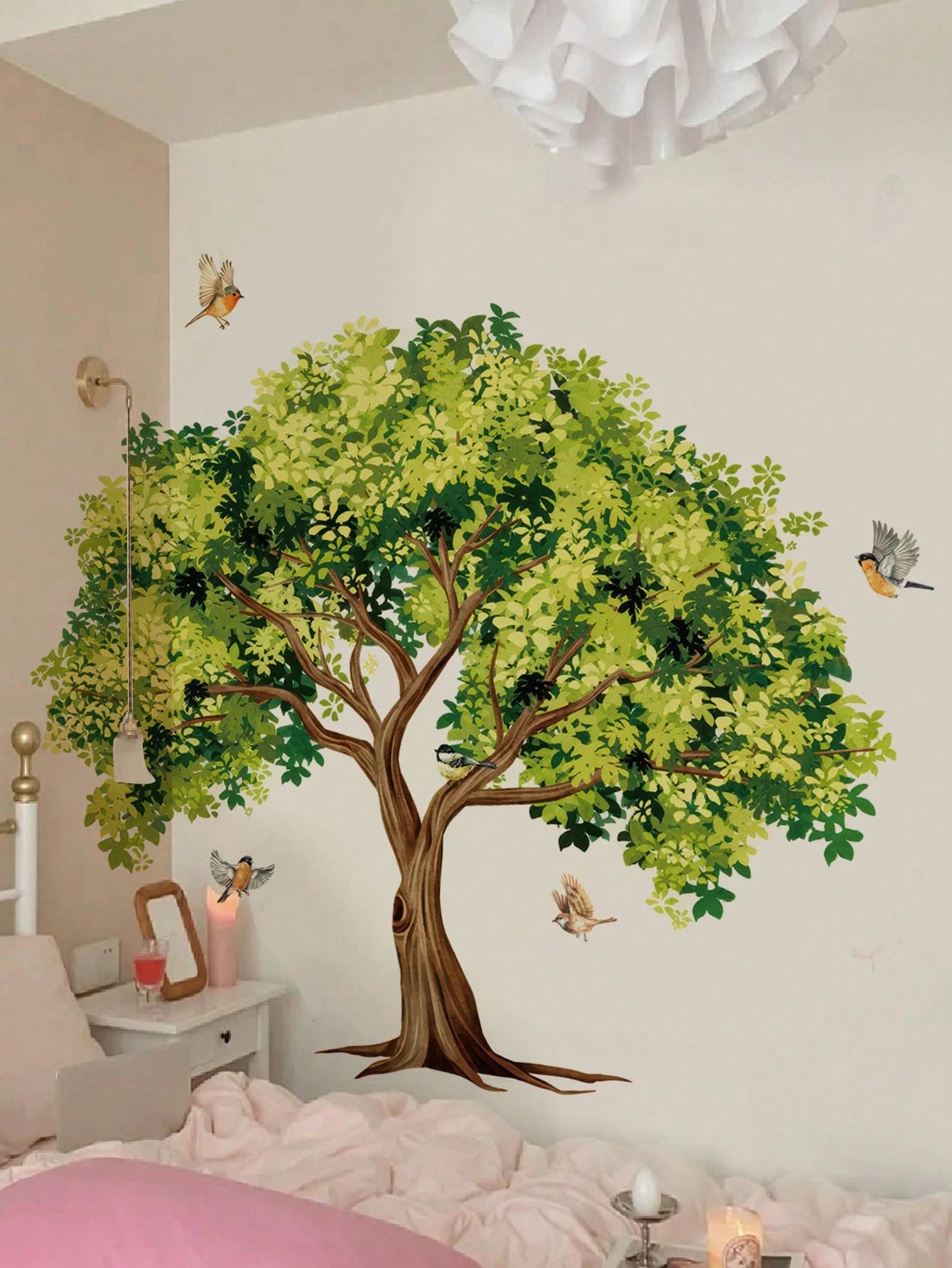 1pc/2pcs/3pcs, Children's Room Cartoon Decorative Wall Stickers, Autumn Maple Tree With Small Animals, Flowers, Owl, Bear, Fox, Hedgehog, Girl Riding Bike Under Blue Tree, Green Cartoon Big Tree, PVC