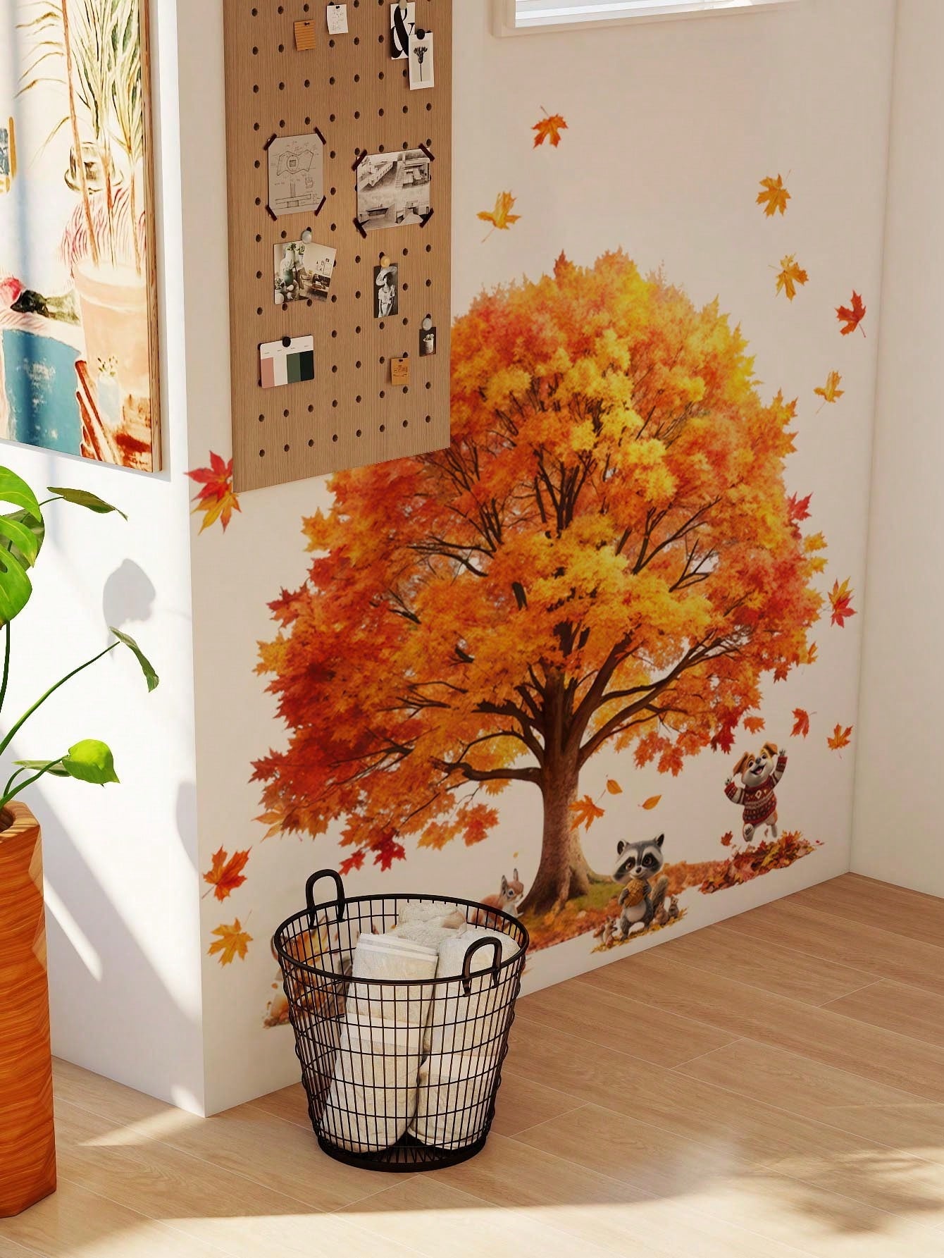 1pc/2pcs/3pcs, Children's Room Cartoon Decorative Wall Stickers, Autumn Maple Tree With Small Animals, Flowers, Owl, Bear, Fox, Hedgehog, Girl Riding Bike Under Blue Tree, Green Cartoon Big Tree, PVC