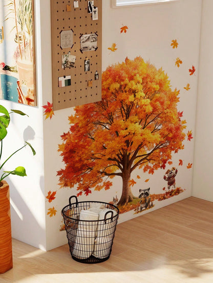 1pc/2pcs/3pcs, Children's Room Cartoon Decorative Wall Stickers, Autumn Maple Tree With Small Animals, Flowers, Owl, Bear, Fox, Hedgehog, Girl Riding Bike Under Blue Tree, Green Cartoon Big Tree, PVC