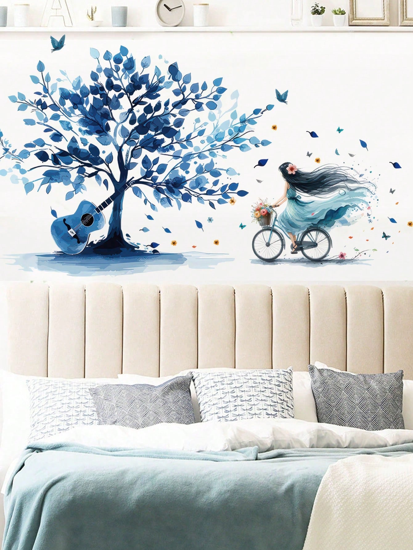 1pc/2pcs/3pcs, Children's Room Cartoon Decorative Wall Stickers, Autumn Maple Tree With Small Animals, Flowers, Owl, Bear, Fox, Hedgehog, Girl Riding Bike Under Blue Tree, Green Cartoon Big Tree, PVC