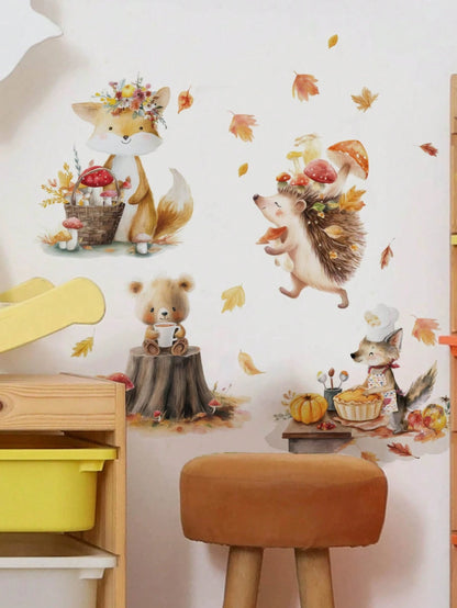 1pc/2pcs/3pcs, Children's Room Cartoon Decorative Wall Stickers, Autumn Maple Tree With Small Animals, Flowers, Owl, Bear, Fox, Hedgehog, Girl Riding Bike Under Blue Tree, Green Cartoon Big Tree, PVC