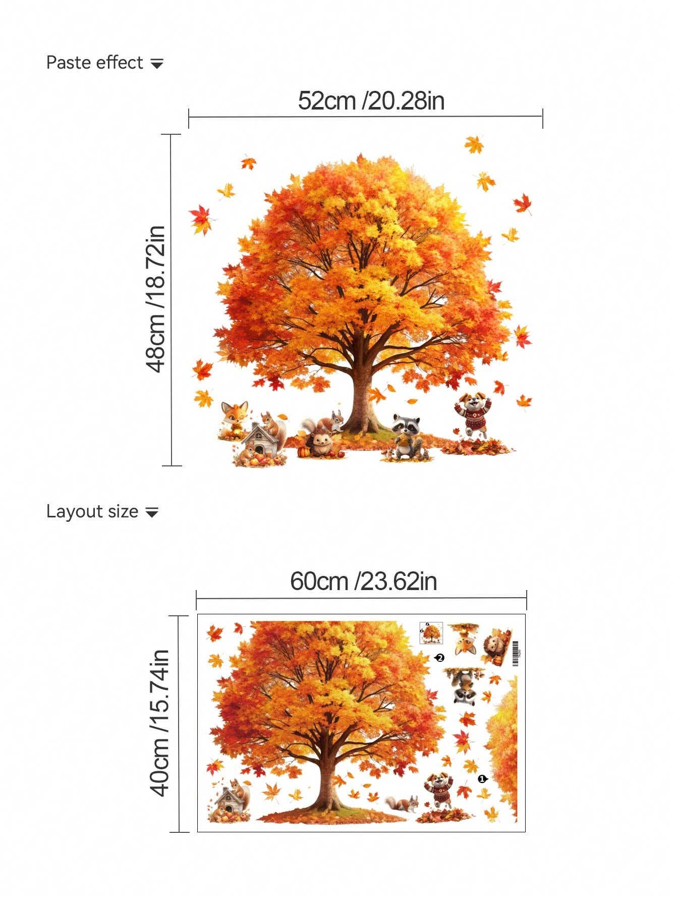 1pc/2pcs/3pcs, Children's Room Cartoon Decorative Wall Stickers, Autumn Maple Tree With Small Animals, Flowers, Owl, Bear, Fox, Hedgehog, Girl Riding Bike Under Blue Tree, Green Cartoon Big Tree, PVC