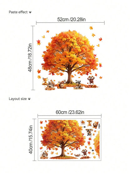 1pc/2pcs/3pcs, Children's Room Cartoon Decorative Wall Stickers, Autumn Maple Tree With Small Animals, Flowers, Owl, Bear, Fox, Hedgehog, Girl Riding Bike Under Blue Tree, Green Cartoon Big Tree, PVC