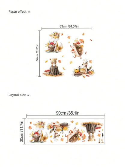 1pc/2pcs/3pcs, Children's Room Cartoon Decorative Wall Stickers, Autumn Maple Tree With Small Animals, Flowers, Owl, Bear, Fox, Hedgehog, Girl Riding Bike Under Blue Tree, Green Cartoon Big Tree, PVC