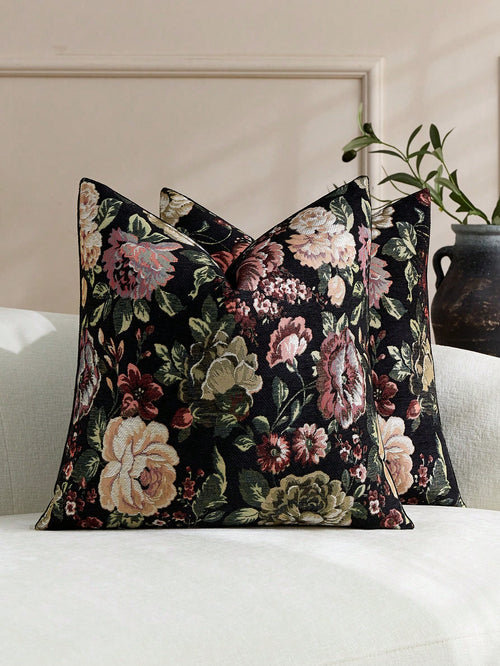 1pc/2pcs Black (No Insert) Floral Pattern Cushion Cover, Fashionable Vintage Comfortable Jacquard Rose Chenille Pillowcase, Suitable For Daily Home Decor, Sofa, Bed, Bedroom, Gift, Holiday Decoration