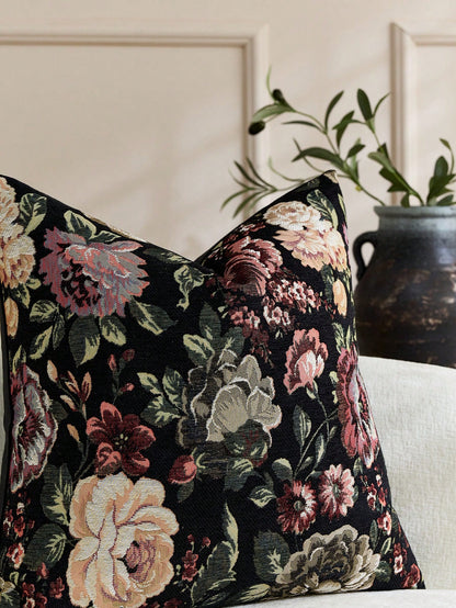 1pc/2pcs Black (No Insert) Floral Pattern Cushion Cover, Fashionable Vintage Comfortable Jacquard Rose Chenille Pillowcase, Suitable For Daily Home Decor, Sofa, Bed, Bedroom, Gift, Holiday Decoration