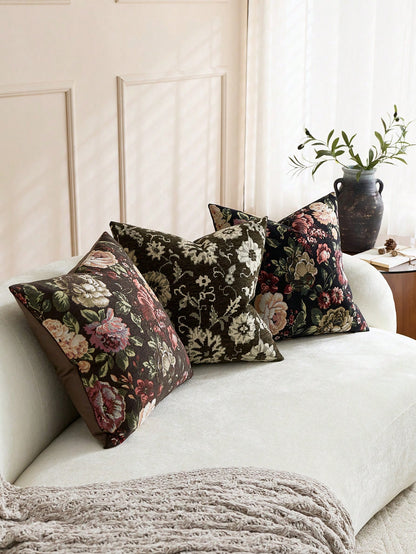 1pc/2pcs Black (No Insert) Floral Pattern Cushion Cover, Fashionable Vintage Comfortable Jacquard Rose Chenille Pillowcase, Suitable For Daily Home Decor, Sofa, Bed, Bedroom, Gift, Holiday Decoration